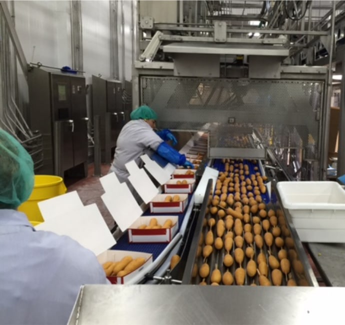 corn dogs being made on an assembly line